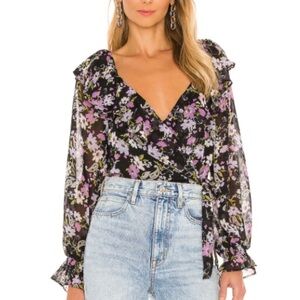 Astr the Label Floral V-Neck Wrap Top - Black and Purple - NWT